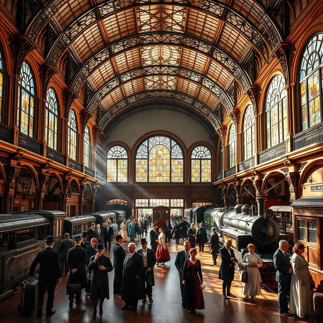 A stunning Victorian train station interior, showcasing intricate architectural details with high vaulted ceilings and ornate ironwork
