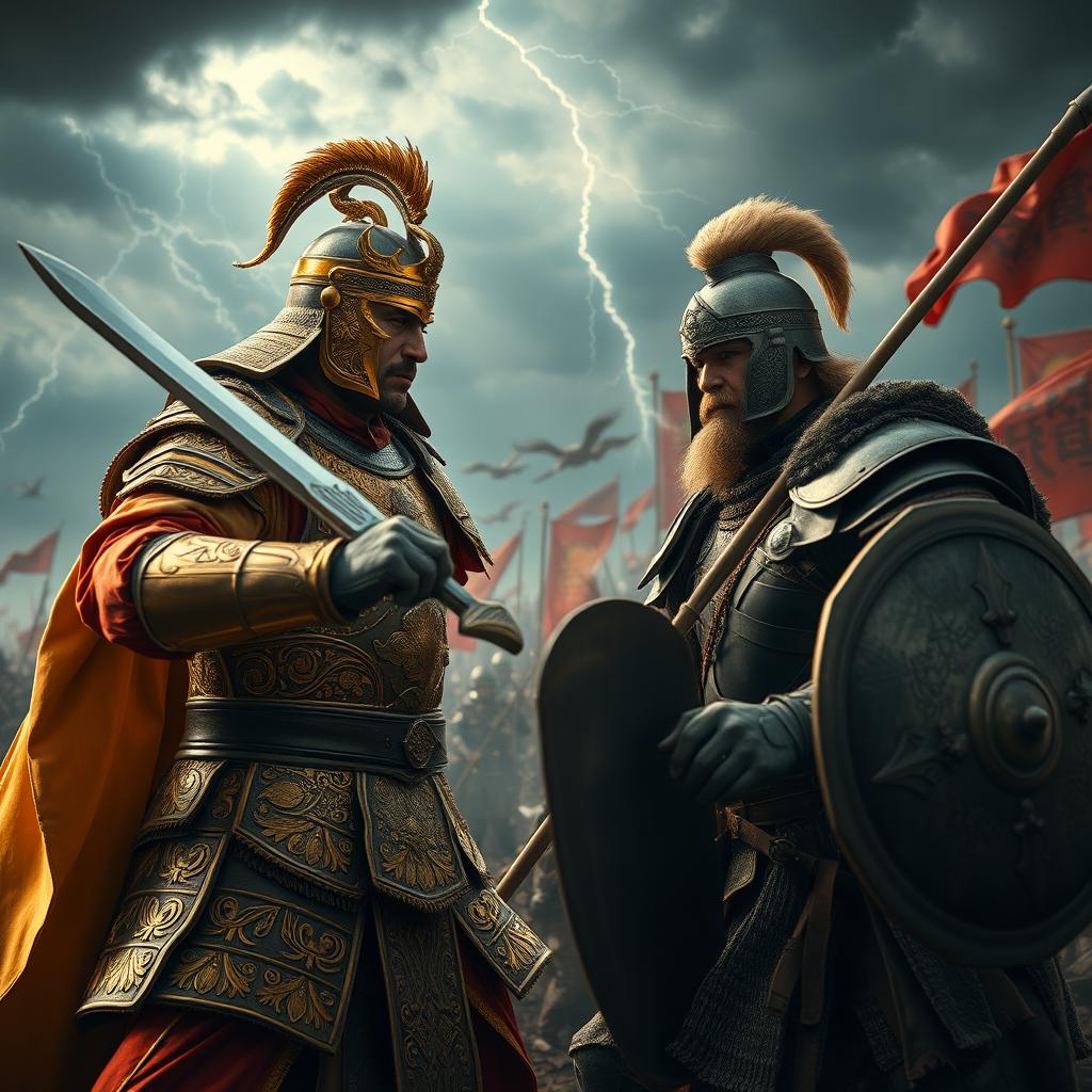 A dramatic and intense scene depicting a fierce battle between a powerful emperor and a determined general