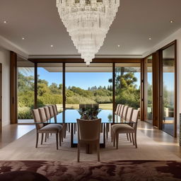 An extravagant bungalow-style dining room belonging to a billionaire, adorned with a grand glass-top dining table, high-end fabric-upholstered chairs, a sleek crystal chandelier, eye-catching modern art, and a panoramic window showcasing captivating views.