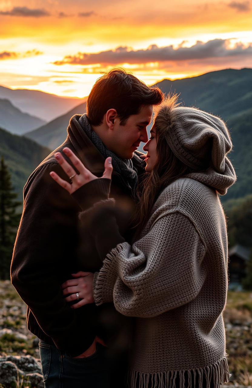 A romantic psychological thriller scene featuring a lesbian couple in the stunning mountains of Vermont