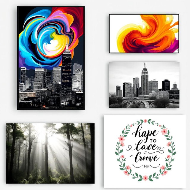 A diverse set of wall art posters designed to enhance home or office interiors