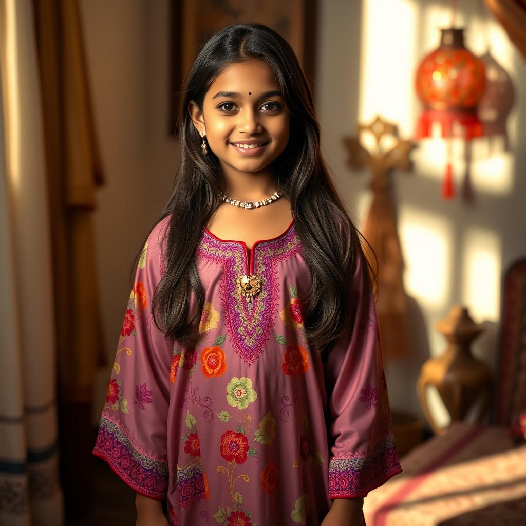 A beautiful Indian girl wearing a traditional nighty, featuring intricate floral patterns and vibrant colors, standing in a softly lit room with gentle shadows creating a serene atmosphere