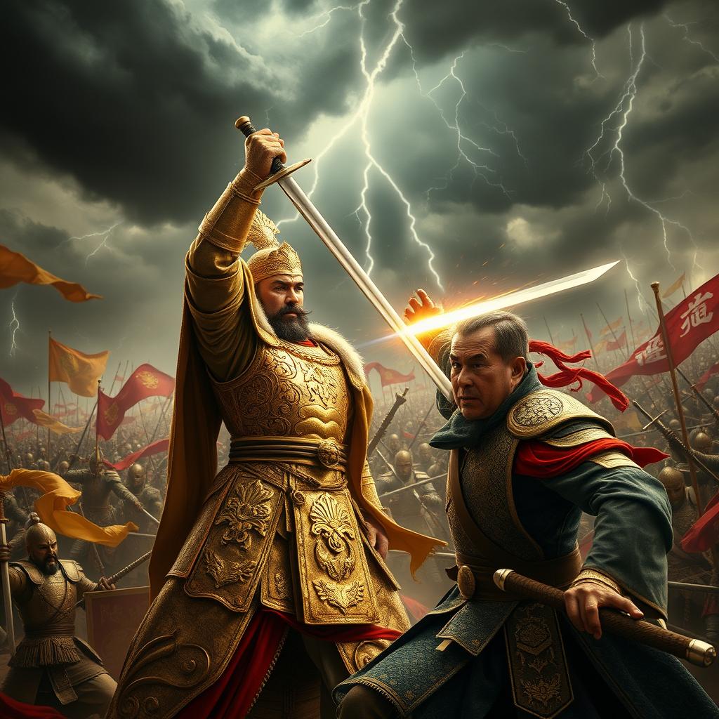 A dramatic scene showcasing a fierce battle moment where a powerful emperor executes a swift and decisive sword strike, causing the head of his opponent, a valiant general, to be severed from the body