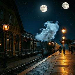 A picturesque Victorian train station at night, illuminated by gas lamps casting a warm glow on the cobblestone platform