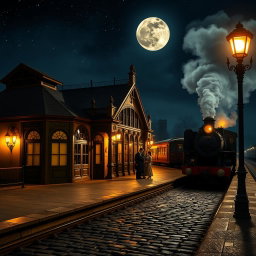 A picturesque Victorian train station at night, illuminated by gas lamps casting a warm glow on the cobblestone platform