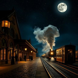 A picturesque Victorian train station at night, illuminated by gas lamps casting a warm glow on the cobblestone platform