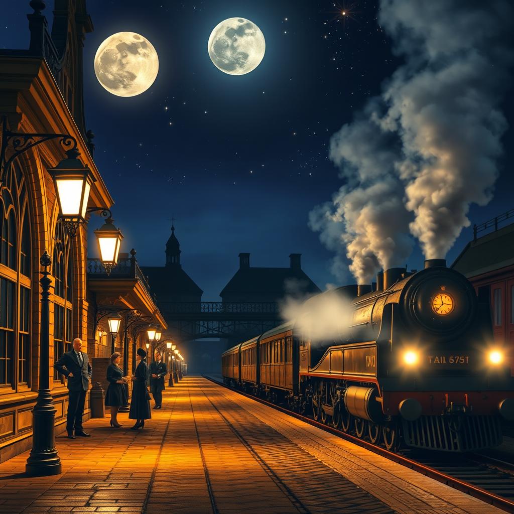 A picturesque Victorian train station at night, illuminated by gas lamps casting a warm glow on the cobblestone platform