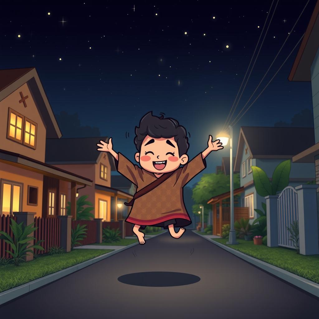 A whimsical, cartoonish scene of a sarung (a traditional Indonesian garment) with curly hair playfully jumping around in a quiet residential neighborhood at midnight