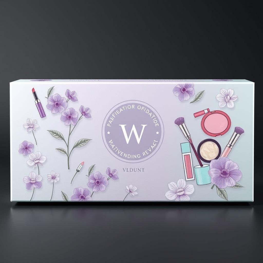 A beautifully designed packaging for makeup and self-care products, showcasing an elegant logo prominently at the front