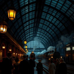 A cinematic view of a Victorian train station at night, showcasing a stunning glass roof that allows moonlight to filter through, creating intricate patterns on the platform