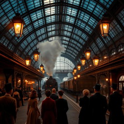 A cinematic view of a Victorian train station at night, showcasing a stunning glass roof that allows moonlight to filter through, creating intricate patterns on the platform