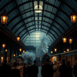 A cinematic view of a Victorian train station at night, showcasing a stunning glass roof that allows moonlight to filter through, creating intricate patterns on the platform