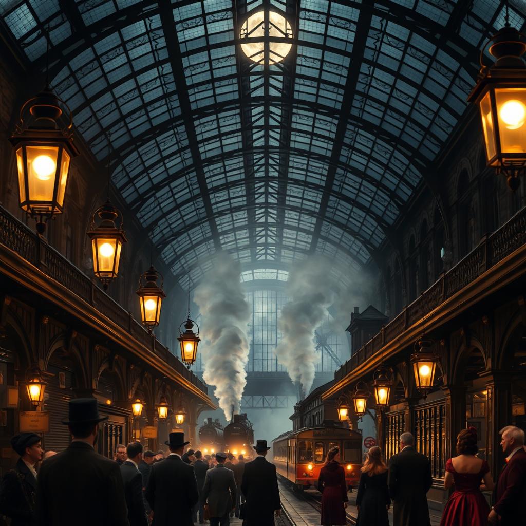 A cinematic view of a Victorian train station at night, showcasing a stunning glass roof that allows moonlight to filter through, creating intricate patterns on the platform