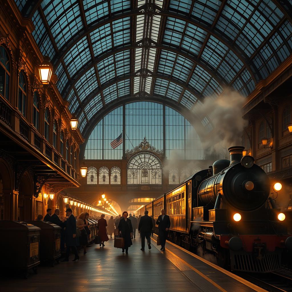 A cinematic scene depicting a Victorian train station at night, beautifully illuminated under a stunning glass roof