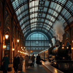 A cinematic scene depicting a Victorian train station at night, beautifully illuminated under a stunning glass roof