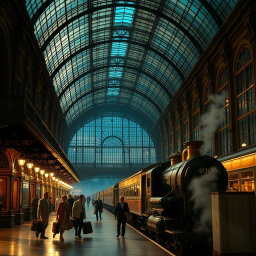 A cinematic scene depicting a Victorian train station at night, beautifully illuminated under a stunning glass roof