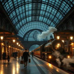 A cinematic scene depicting a Victorian train station at night, beautifully illuminated under a stunning glass roof