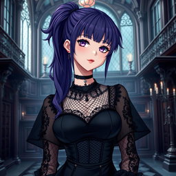 A gothic anime girl with long dark purple hair styled in a ponytail, featuring flowy bangs that elegantly frame her face, stands gracefully in an elaborate gothic mansion