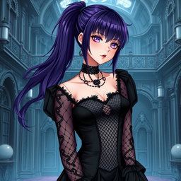 A gothic anime girl with long dark purple hair styled in a ponytail, featuring flowy bangs that elegantly frame her face, stands gracefully in an elaborate gothic mansion