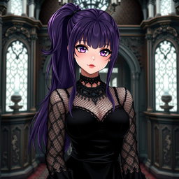 A gothic anime girl with long dark purple hair styled in a ponytail, featuring flowy bangs that elegantly frame her face, stands gracefully in an elaborate gothic mansion