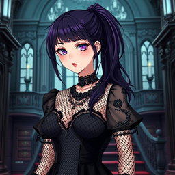 A gothic anime girl with long dark purple hair styled in a ponytail, featuring flowy bangs that elegantly frame her face, stands gracefully in an elaborate gothic mansion