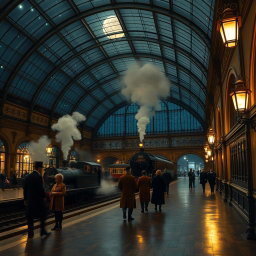 A stunning Victorian train station at night, featuring an elegant glass roof that allows moonlight to filter through, casting intricate patterns on the polished wooden floors