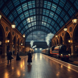 A stunning Victorian train station at night, featuring an elegant glass roof that allows moonlight to filter through, casting intricate patterns on the polished wooden floors