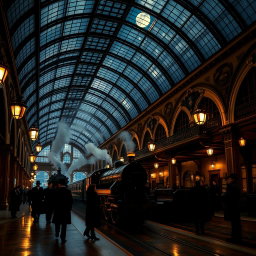 A stunning Victorian train station at night, featuring an elegant glass roof that allows moonlight to filter through, casting intricate patterns on the polished wooden floors