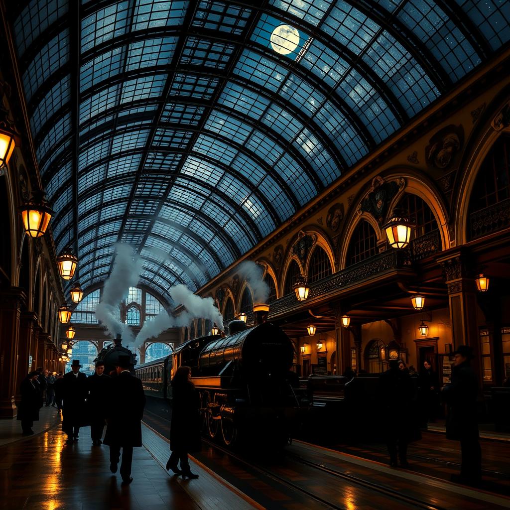 A stunning Victorian train station at night, featuring an elegant glass roof that allows moonlight to filter through, casting intricate patterns on the polished wooden floors