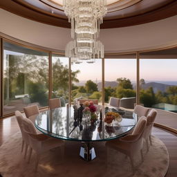 An extravagant bungalow-style dining room belonging to a billionaire, adorned with a grand glass-top dining table, high-end fabric-upholstered chairs, a sleek crystal chandelier, eye-catching modern art, and a panoramic window showcasing captivating views.