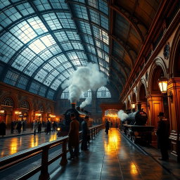 A stunning Victorian train station at night, featuring an elegant glass roof that allows moonlight to filter through, casting intricate patterns on the polished wooden floors
