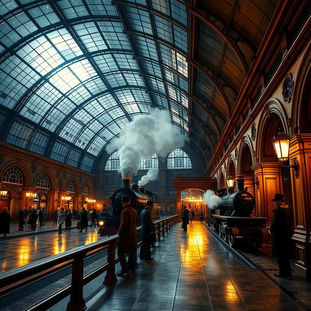 A stunning Victorian train station at night, featuring an elegant glass roof that allows moonlight to filter through, casting intricate patterns on the polished wooden floors