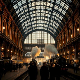 A stunning Victorian train station at night, featuring a grand glass roof illuminated by soft, ambient lighting
