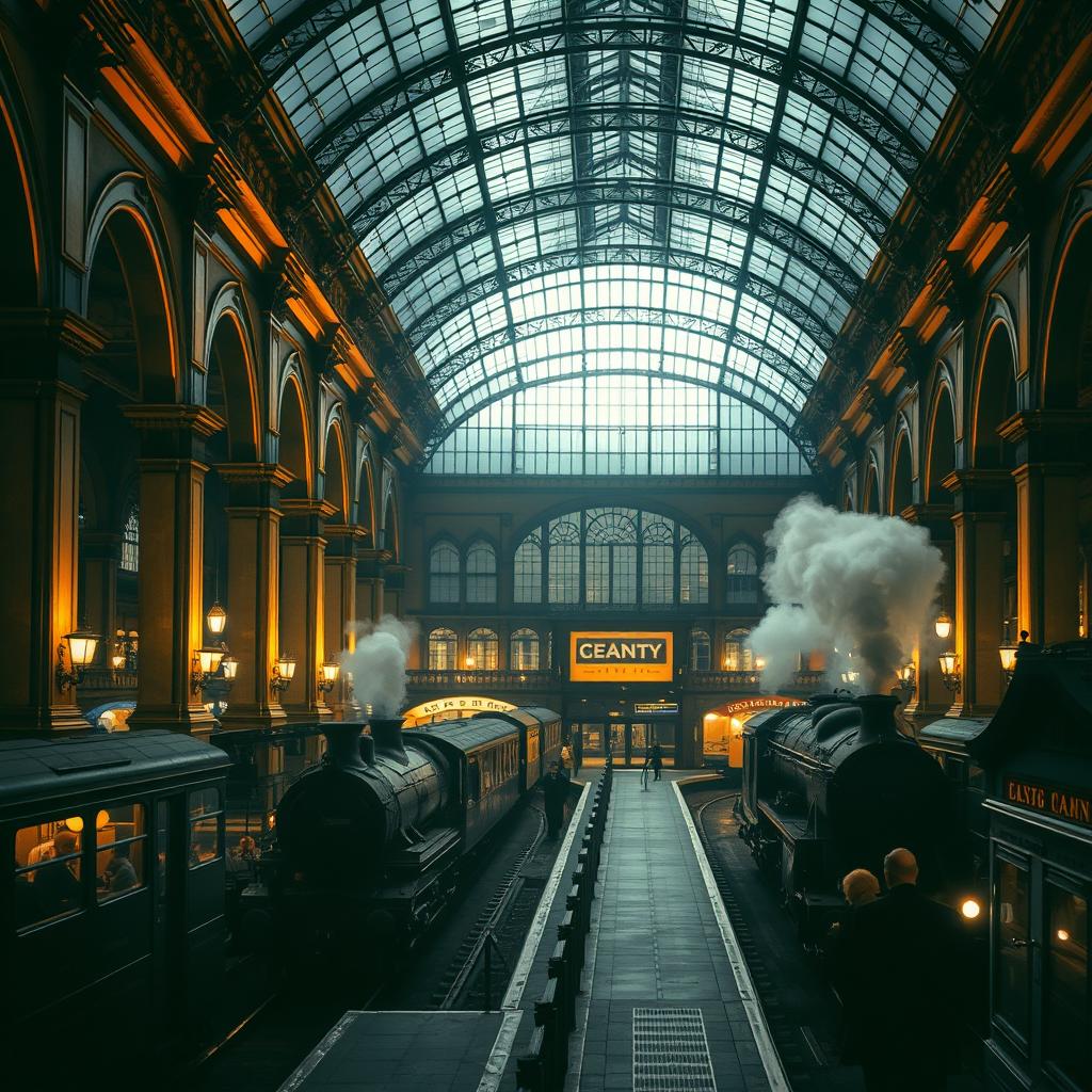 A stunning Victorian train station at night, featuring a grand glass roof illuminated by soft, ambient lighting