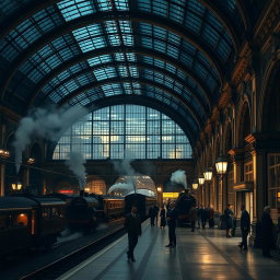 A stunning Victorian train station at night, featuring a grand glass roof illuminated by soft, ambient lighting