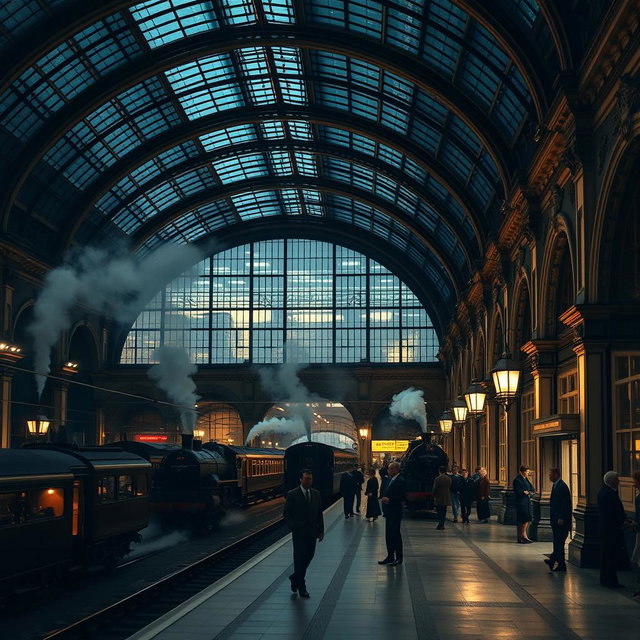 A stunning Victorian train station at night, featuring a grand glass roof illuminated by soft, ambient lighting