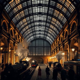 A stunning Victorian train station at night, featuring a grand glass roof illuminated by soft, ambient lighting