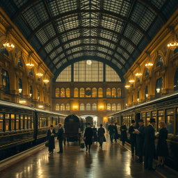 A Victorian train station at night illuminated by warm, golden lights