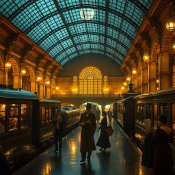 A Victorian train station at night illuminated by warm, golden lights