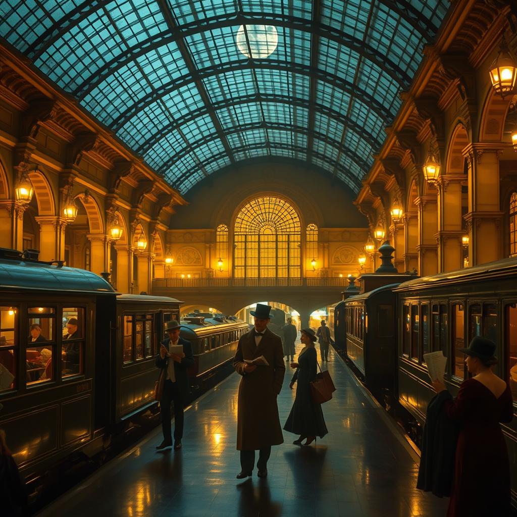A Victorian train station at night illuminated by warm, golden lights