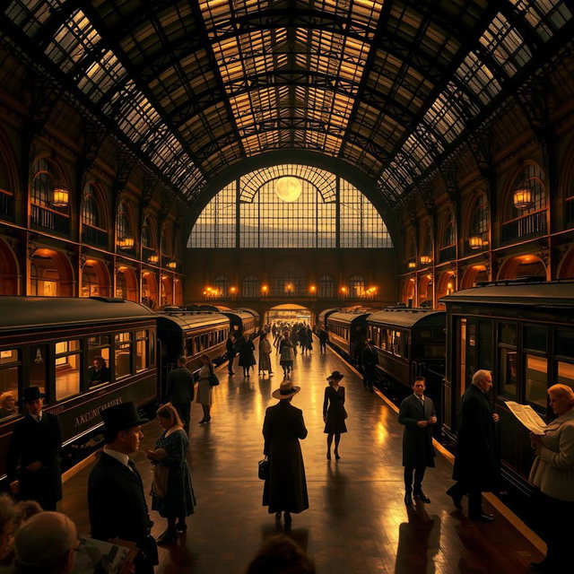 A Victorian train station at night illuminated by warm, golden lights