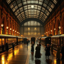 A Victorian train station at night illuminated by warm, golden lights