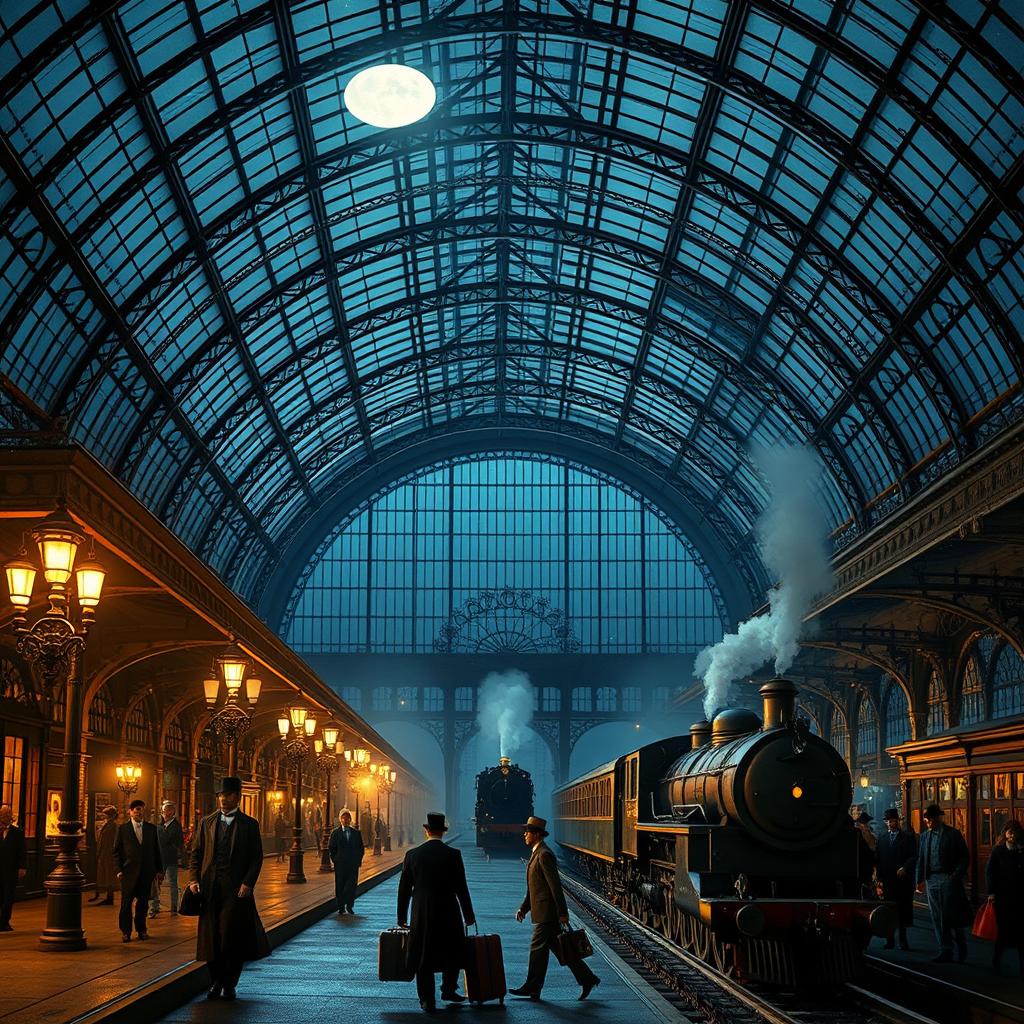 A stunning Victorian train station set at night, featuring an exquisite glass roof that allows the moonlight to filter through, casting a soft glow over the scene