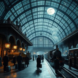 A stunning Victorian train station set at night, featuring an exquisite glass roof that allows the moonlight to filter through, casting a soft glow over the scene