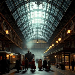 A stunning Victorian train station set at night, featuring an exquisite glass roof that allows the moonlight to filter through, casting a soft glow over the scene