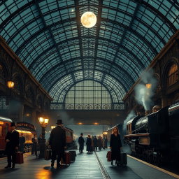 A stunning Victorian train station set at night, featuring an exquisite glass roof that allows the moonlight to filter through, casting a soft glow over the scene