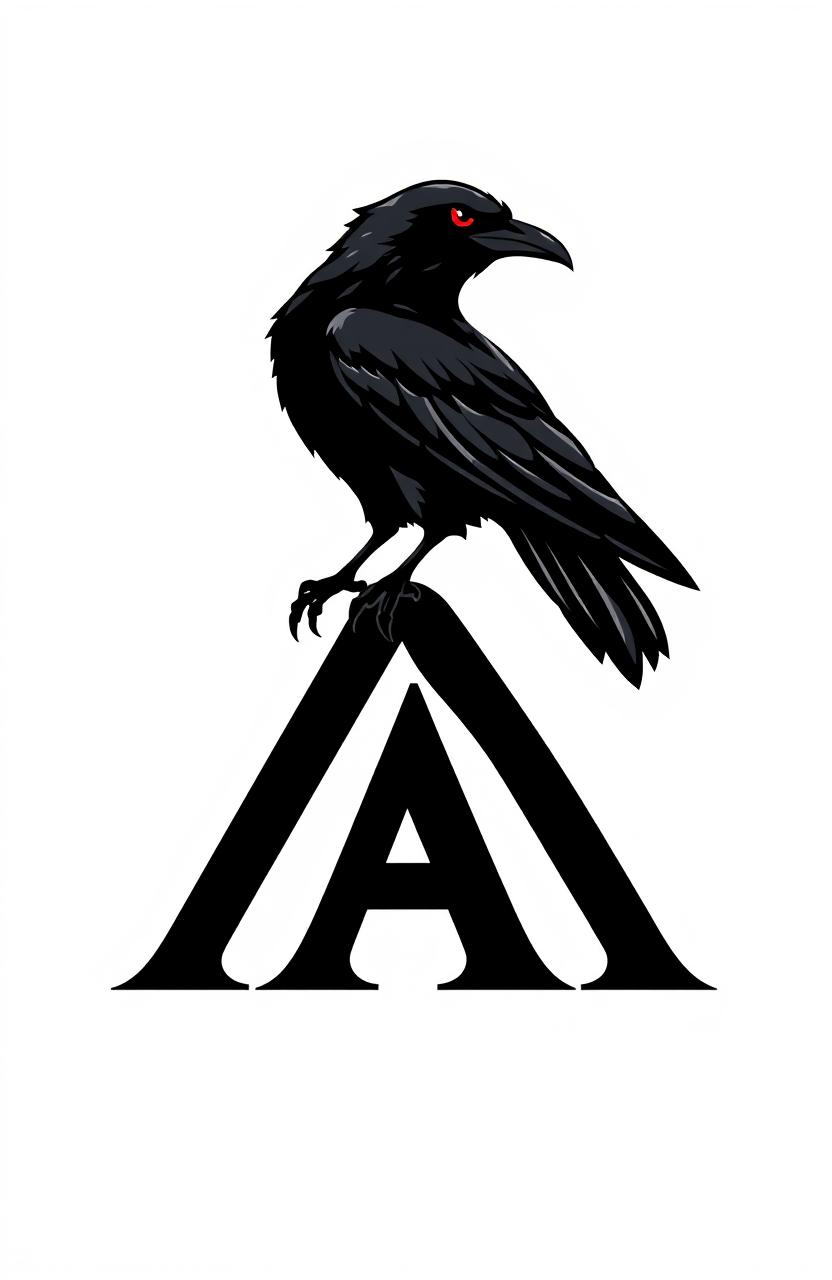 Logo design featuring a sleek, stylized black raven with striking red eyes, perched prominently on the letter 'A'