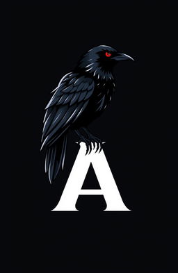 Logo design featuring a sleek, stylized black raven with striking red eyes, perched prominently on the letter 'A'