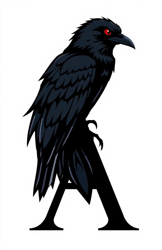 Logo design featuring a sleek, stylized black raven with striking red eyes, perched prominently on the letter 'A'
