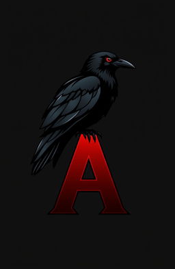 A striking logo design featuring a black raven with vivid red eyes, perched elegantly on the letter 'A'